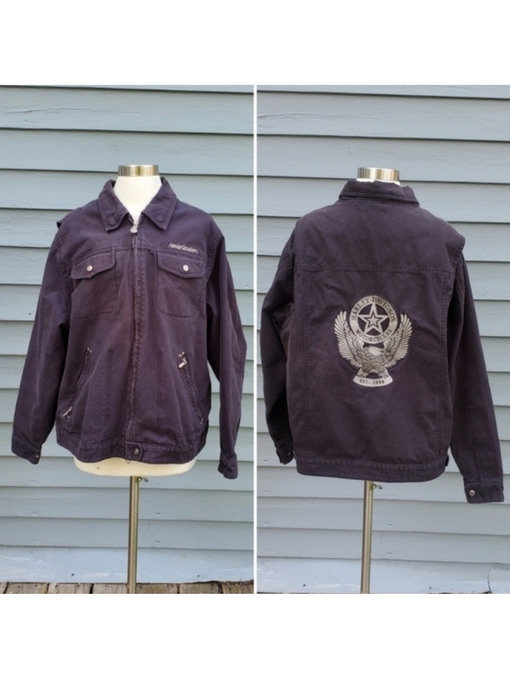 Vintage‎ y2k Black Denim Embroidered Logo Harley Davidson Moto Bomber Jacket 2W